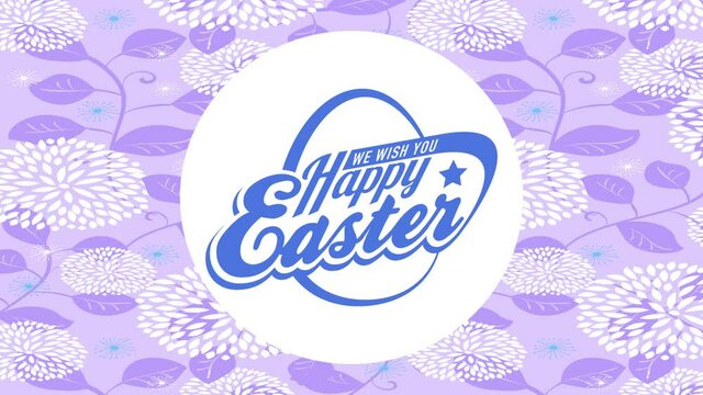 happy easter fluorescent emblem with vintage lettering on white circle floating over yellow background decorated with flowers