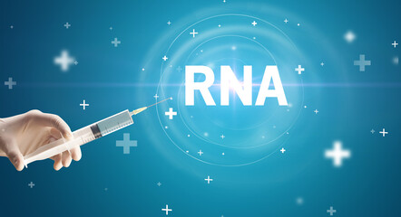 Syringe needle with virus vaccine and RNA abbreviation, antidote concept