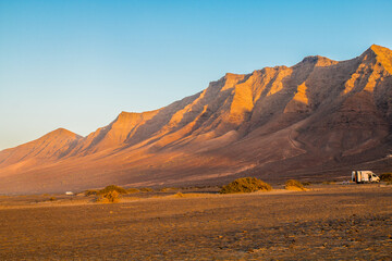 Landscape of Panoramic vulcanic mountains and Atlantic Ocean ,  dunes of coralejo and Gran Tarajal Port in Fuerteventura, Lanzarote 