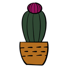 Cute cactus in an ornamented pot in cartoon style. Hand drawn vector illustration. Pottery with geometrical ornament.