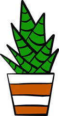 Cute cactus in an ornamented pot in cartoon style. Hand drawn vector illustration. Pottery with geometrical ornament.