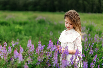 Obraz na płótnie Canvas A little girl in a white dress with beautiful flowers in the field in summer. Concept of happy childhood. Copy space for text