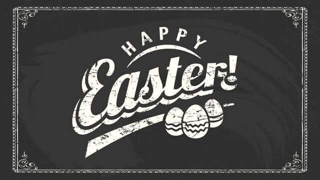 store holiday ad with white chalk vintage lettering ornamented with easter eggs graphic over black chalkboard