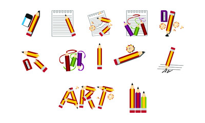 Set of Simple Vector Design of a Pencil, Notebook and Sharpener in Yellow, Black, Red, Green and Purple