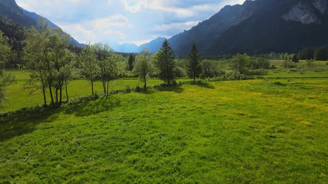 Flight over the beautiful rural landscape of Bavaria Allgau in the German Alps. Aerial view