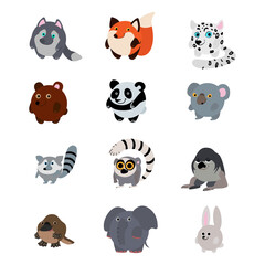 Round animals set. Wolf, Fox, snow leopard, bear, Panda, Koala, raccoon, lemur, sloth, platypus, elephant, rabbit in cartoon style.