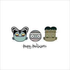 Funny cartoon heads of Dracula, mummy and revived monster. Halloween illustration with inscription.