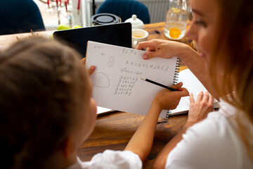 Mother and daughter solving equations at home