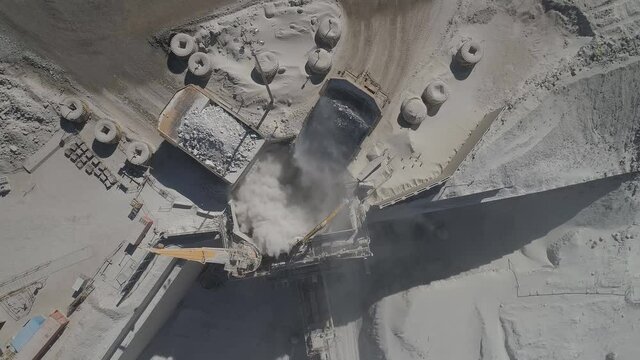 View of large cars at a mining and processing plant in China (aerial view)