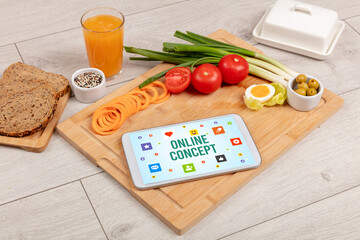 Healthy Tablet Pc compostion with ONLINE CONCEPT inscription, Social networking concept
