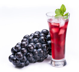 Glass of Red grapes juice and grapes fruits isolated on white background, With clipping path
