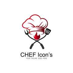 Chef logo with fire design illustration, Fork and chef icons, Restaurant logo