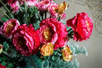 top view closeup beautiful bouquet made from large artificial red peonies