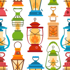 Camping lantern pattern in flat style. Vector