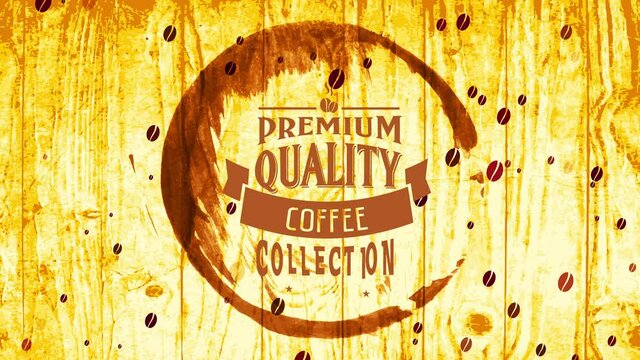 quality coffee collection concept with diverse typography arranged towards fit on square with ornamental medal on wooden texture