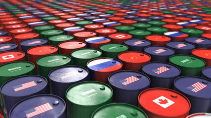 Fototapeta premium Global oil fossil fuel petroleum gasoline energy producers crude oil barrels concept - 3D illustration render