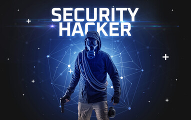 Mysterious hacker with SECURITY HACKER inscription, online attack concept inscription, online security concept