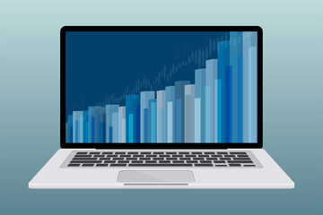 Silver color laptop (front view) with financial data on screen isolated on gradient background. Flat design vector illustration.