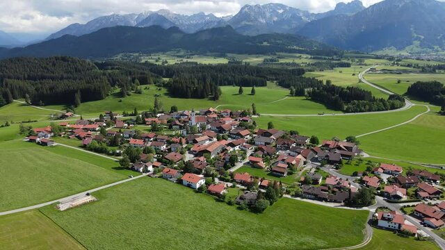 The village of Eisenberg in Bavaria Allgau in the German Alps. Aerial view