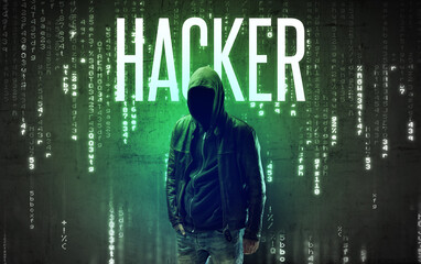 Faceless hacker with HACKER inscription, hacking concept