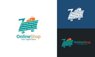 Online Shop Logo designs Template. Illustration vector graphic of shopping cart and shop bag combination logo design concept. Perfect for Ecommerce,sale, discount or store web element. Company emblem