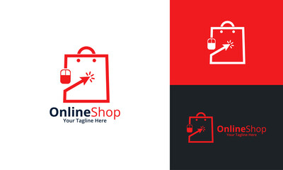 Online Shop Logo designs Template. Illustration vector graphic of mouse and shop bag combination logo design concept. Perfect for Ecommerce,sale, discount or store web element. Company emblem.