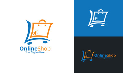 Online Shop Logo designs Template. Illustration vector graphic of shopping cart and shop bag combination logo design concept. Perfect for Ecommerce,sale, discount or store web element. Company emblem