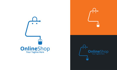 Online Shop Logo designs Template. Illustration vector graphic of mouse and shop bag combination logo design concept. Perfect for Ecommerce,sale, discount or store web element. Company emblem