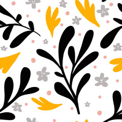 seamless floral pattern with black yellow and gray flowers and leaves