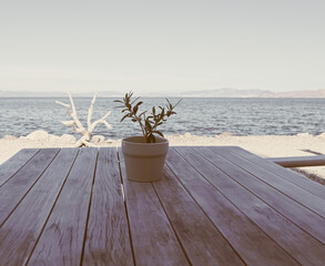 Empty restaurant by the Aegean sea and cruise boat, travel and nature