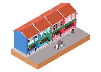 Isometric Vector Illustration Representing Old Colonial Buildings with People and Classic Car Crossing the Street