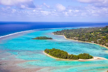 Foto op Plexiglas Rarotonga breathtaking stunning views from a plane of beautiful beaches, white sand, clear turquoise water, blue lagoons, Cook islands, Pacific islands © Stella Kou
