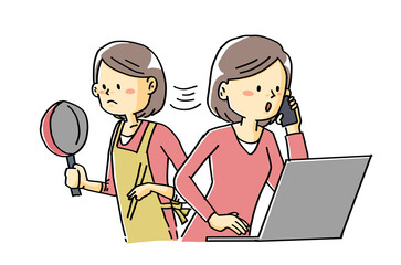 手描きイラスト素材テレワーク家事を両立する母親