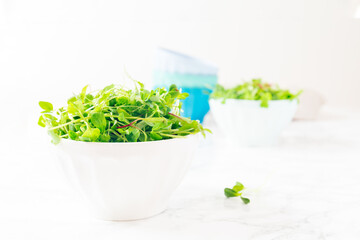 Mixed microgreens salad in bowl. Superfood snack, healthy eating, plant diet, vegan concept. Horizontal