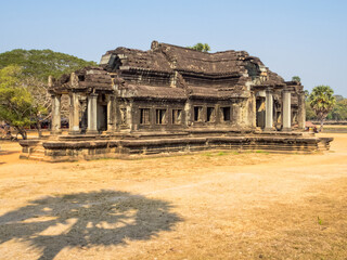 Fototapeta na wymiar The shadow of a palm tree and the South Library of Angkor Wat - Siem Reap, Cambodia