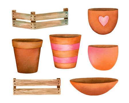 Watercolor hand painted set of brown clay and wood pots with decor. Clipart illustration of natiral flowerpot for houseplant, isolated on white background. Use it for design home decor.