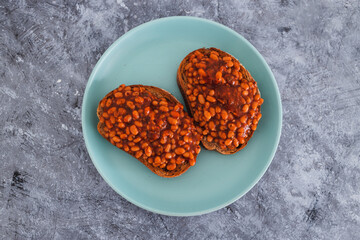 plant-based food, baked beans on rye bread toast