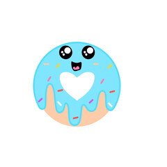 Vector illustration of cute cartoon donut can be used for greeting cards, party invitations, posters, prints and books. Funny donut in modern flat  style. Cartoon doughnut icon with heart.