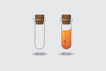 Two glass test tubes cartoon style isorated background. One tube empty other is filled with orange liquid. Vector illustration