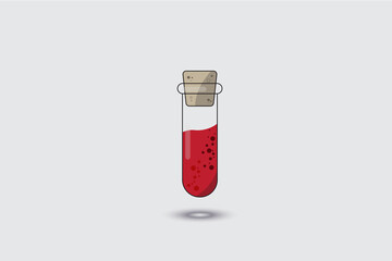 Glass test tube with blood isolated background. Cartoon style laboratory beaker with brown cork. Vector illustration