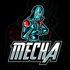 E-Sport Gaming Logo or Mascot Illustration Representing Blue Metalic Robot with Gun on Hand