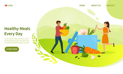 Healthy Meals Every Day with farm fresh produce as a young couple adds assorted vegetables to a pot outdoors in a green landscape, colored vector illustration