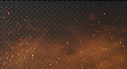 Fire sparks background on a transparent background. Burning hot sparks, embers burning cinder and smoke flying in the air. Realistic heat effect with glow and sparks from bonfire. Flying up embers - obrazy, fototapety, plakaty