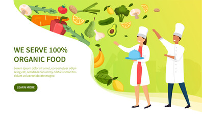 We Serve 100 percent Organic Food with an advertising poster design showing a male and female chef reaching towards a large selection of floating fresh produce with copy space, vector illustration