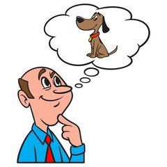 Thinking about adopting a Dog - A cartoon illustration of a man thinking about adopting a pet Dog.