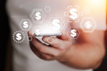 Human hand using mobile phone with online transaction illustration