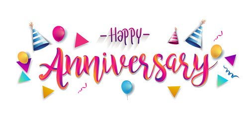 Happy Anniversary Typography Vector Design for Greeting Cards and Poster with Balloon, Confetti and Gift Box, Design Template for Birthday Celebration.