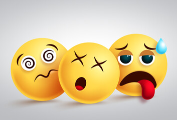 Emojis tired and disappointed vector design. Emoji or emoticon group character in dizzy, tired and upset facial expressions in white background. Vector illustration.   