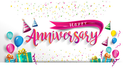 Happy Anniversary Typography Vector Design for Greeting Cards and Poster with Balloon, Confetti and Gift Box, Design Template for Birthday Celebration.