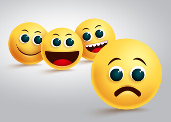 Emoji gossip and discrimination vector concept. Emojis gossiping and bullying behind with yellow emoji stress and sad facial expression in white background. Vector illustration. 